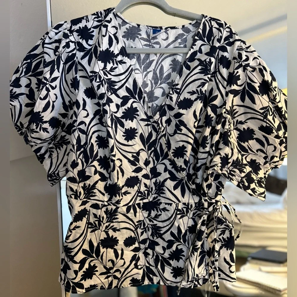 NEW Navy Blue & White Cotton Waist-Defined Puff-Sleeve Tie-Wrap Blouse 3X